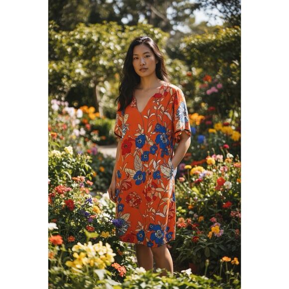 Danilo Boutique 20W Orange Floral Print Short Sleeve Shift Dress Boho Plus Size - Picture 1 of 3